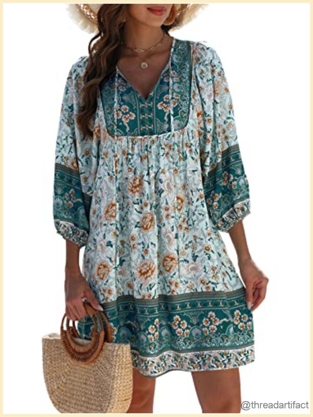 Casual V Neck 3/4 Sleeve Boho Floral Printed Loose Short Flowy Summer Beach